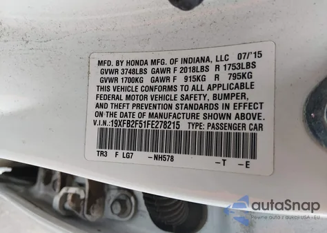 2015 Honda Civic Lx из США, поврежденный, VIN 19XFB2F51FE278215